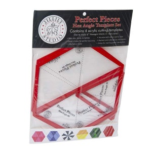 May include: A set of four red acrylic hexagon quilting templates in a clear plastic package. The package includes the text "Perfect Pieces Hex Angle Template Set" and "Contains 4 acrylic cutting templates".