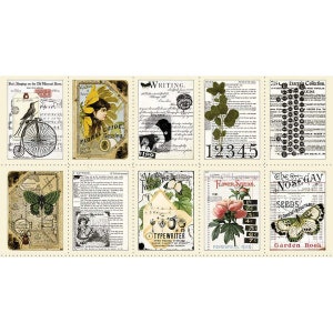May include: A vintage-style collage of images featuring a bicycle, a woman with a floral hat, a butterfly, a typewriter, a flower, and a garden book. The images are printed on a cream-colored background with a black border.