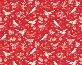 Peace on Earth Birds C13451 Red - Riley Blake Designs - Christmas Ornaments Stars Leaves Bird - Quilting Cotton Fabric