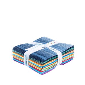 May include: A stack of colorful fabric squares, bound with a white ribbon. The fabric features a variety of colors, including blues, greens, oranges, and reds. The ribbon is printed with text. This item is likely for quilting or other fabric crafts.