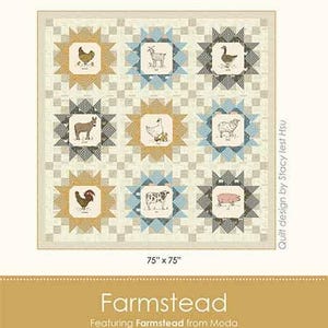 May include: Farmstead quilt featuring farm animals in starburst frames. The quilt measures 75" x 75" and features a rooster, cow, pig, and other farm animals. The design is by Stacy Iest Hsu.
