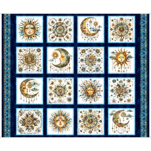 May include: A fabric panel featuring a celestial design with suns, moons, and floral patterns in shades of gold, blue, and white. The design is arranged in a grid of squares, with a dark blue border and decorative edge.