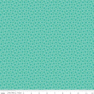 May include: Teal fabric with a repeating pattern of white squares. The squares are arranged in a diagonal pattern.