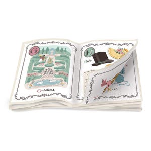 May include: Open book with illustrations of gardens, hats, and knitting. The garden illustration shows a pond with swans, a fountain, and a gate. The hat illustration shows a top hat and a yellow hat with flowers. The knitting illustration shows needles and yarn.