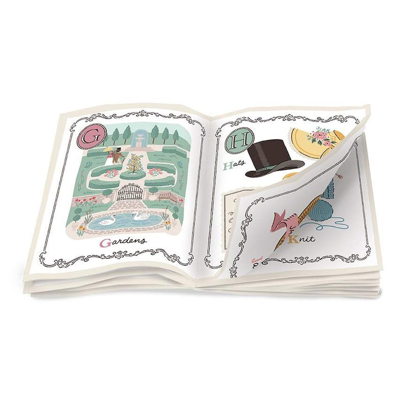 May include: Open book with illustrations of gardens, hats, and knitting. The garden illustration shows a pond with swans, a fountain, and a gate. The hat illustration shows a top hat and a yellow hat with flowers. The knitting illustration shows needles and yarn.