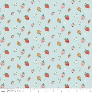 SALE Misty Morning Strawberries C11582 Sky - Riley Blake Designs - Berries Blossoms Blue - Quilting Cotton Fabric