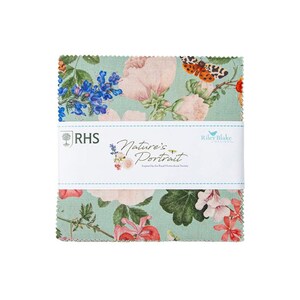 May include: A stack of fabric squares with a floral pattern in shades of pink, blue, and green. The fabric features a butterfly and the text "Nature's Portrait" with the RHS and Riley Blake Designs logos. The fabric is inspired by the Royal Horticultural Society.