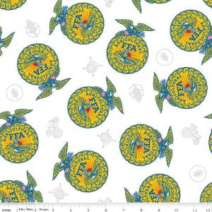 May include: White fabric with a repeating pattern of blue and yellow FFA logos. The logos feature an eagle, a sunburst, and the text "Agricultural Education" and "FFA".