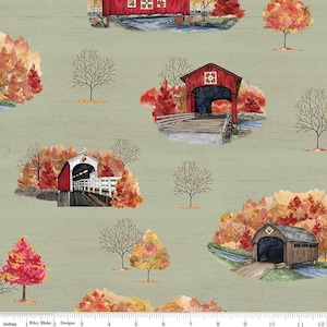 SALE Covered Bridges in Fall Main CD16210 Sage - Riley Blake - DIGITALLY PRINTED - Landscape Scenery Barn Quilts  - Quilting Cotton Fabric