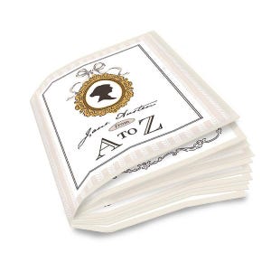 May include: A stack of off-white paper cards with a decorative border. The top card features a gold-framed silhouette of a woman, the text "Jane Austen" and "A to Z". The design includes a bow and scrollwork.