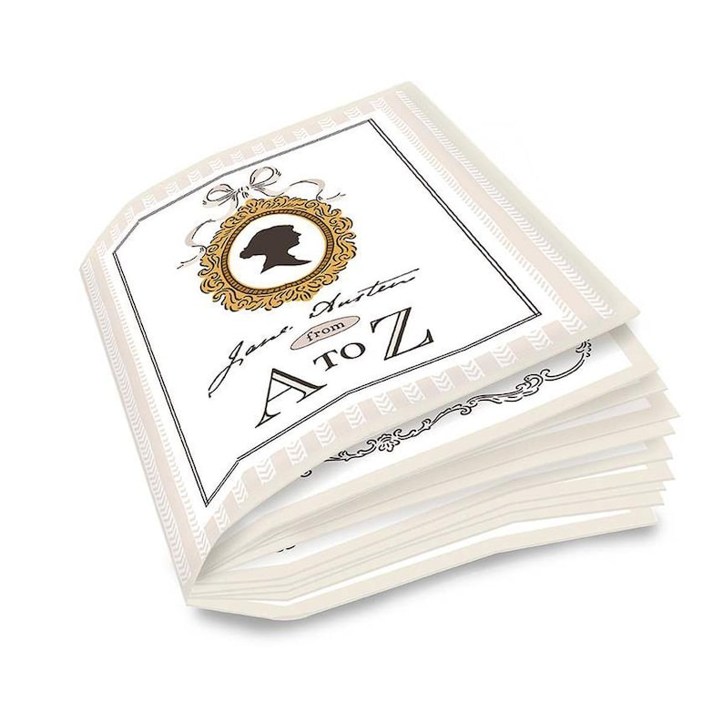 May include: A stack of off-white paper cards with a decorative border. The top card features a gold-framed silhouette of a woman, the text "Jane Austen" and "A to Z". The design includes a bow and scrollwork.
