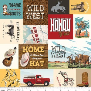 May include: A colorful fabric with a western theme. The fabric features images of cowboys, horses, and wagons. The fabric also includes text such as "Wild West", "Howdy y'all", and "Blame it on my boots".