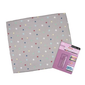 May include: A gray fabric with a white, red, blue, and green star pattern. A package of Magic Pins is in the lower right corner of the image. The package is pink and white and says "Extra-Long Pins" and "Magic Pins" in bold black letters.