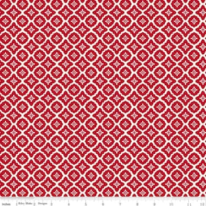 May include: Red and white patterned fabric with a repeating floral design. The pattern is a symmetrical arrangement of red quatrefoils on a white background. The fabric is measured in inches.