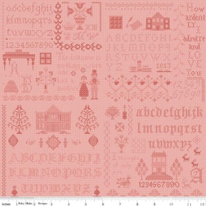 May include: A pink fabric with a repeating pattern of cross-stitch designs. The designs include letters, numbers, houses, trees, and other motifs. The fabric is 12 inches wide and includes a ruler in inches.