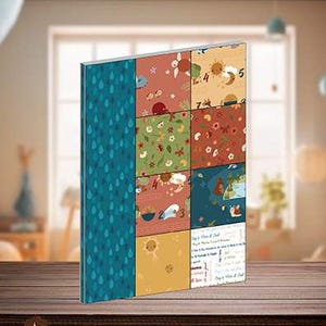 May include: A quilted Bible cover with a patchwork design. The cover features a blue raindrop pattern on the left side and colorful squares with various illustrations and numbers. The craft pattern is 8.5" x 11". The text "QUILTED BIBLE COVER" is at the top.