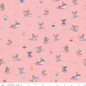 May include: A pink fabric featuring a repeating pattern of small brown mice engaged in sewing activities, including needles, thread, scissors, and pincushions. A white ruler at the bottom shows a scale of 12 inches by Riley Blake Designs.