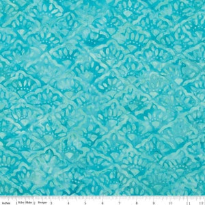 May include: Teal blue fabric with a white floral pattern. The pattern is a repeating design of stylized flowers with a white center and white petals.