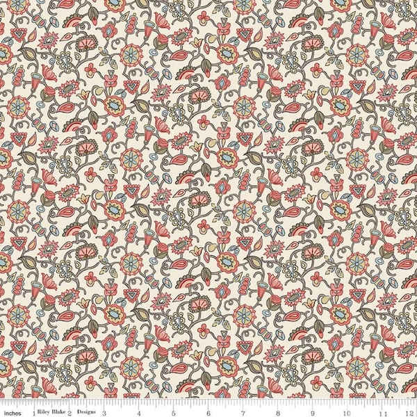 SALE Jane Austen at Home C10011 Margaret - Riley Blake Designs - Cream Pink Historical Reproductions Flowers Floral - Quilting Cotton Fabric