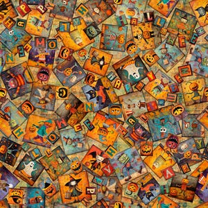 May include: A colorful Halloween-themed fabric with a repeating pattern of illustrated characters and letters. The characters are dressed in costumes and holding pumpkins. The letters spell out "Happy Halloween".