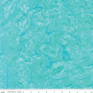 May include: A fabric with a turquoise and teal batik design. The fabric has a mottled appearance with darker teal veins and patterns throughout. The Riley Blake Designs label is visible at the bottom of the image.