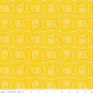 May include: Yellow fabric with a repeating pattern of white circles. Each circle contains a graphic of a hand holding a field with a sun and the text "I believe in the future of agriculture. FFA".
