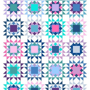 May include: A quilt pattern titled STAR DEW 12 by Quilt Cakes, featuring a grid of sixteen colorful star blocks in shades of pink, blue, purple, and teal. The design includes text indicating it is for crib, throw, and bed sizes, and is fat quarter friendly.