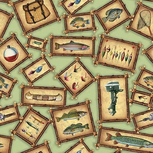 May include: A light green fabric featuring a repeating pattern of rectangular frames made of twigs. Each frame contains illustrations of fishing gear, including a wicker creel, various fish species, a canoe, a boat motor, and fishing lures.