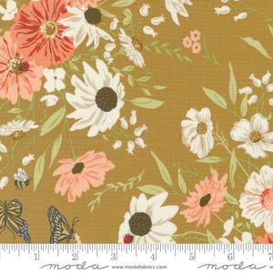 May include: Floral fabric with a mustard-colored background. The fabric features large white and coral-colored flowers, green leaves, and small insects like bees, butterflies, and ladybugs. The fabric has the text "moda" and "www.modafabrics.com".