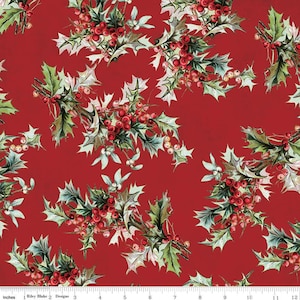 SALE Yuletide Main Red - Riley Blake Designs - Christmas Holly Berries Floral  - Quilting Cotton Fabric