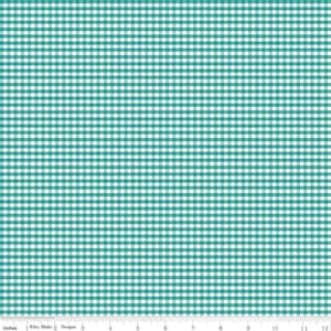 May include: Teal and white gingham fabric with a repeating pattern of small squares. The fabric is 12 inches wide.