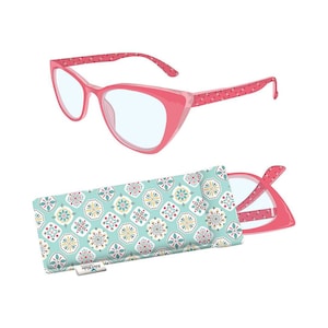 May include: Pink cat-eye reading glasses with a patterned case. The case has a teal background with a white and pink geometric pattern. The case has the text "Simply Southern" printed on it.