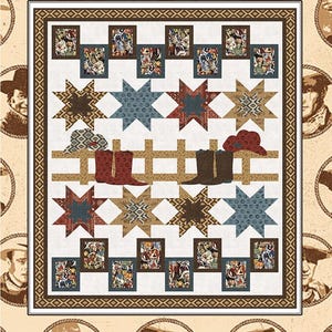 May include: A quilt with a western theme, featuring images of John Wayne, stars, cowboy boots, and hats. The quilt has a white background with a brown border and the text "Remembering John Wayne" and "by Coach House Designs".