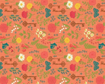 SALE First Blooms Pressed Flowers C16321 Orange - Riley Blake Designs - Sprigs Flowers Floral Butterflies Keys - Quilting Cotton Fabric