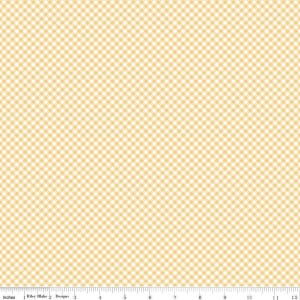 May include: A fabric with a repeating pattern of small, light yellow and white gingham checks. The pattern is evenly spaced and covers the entire surface. The fabric is measured in inches.