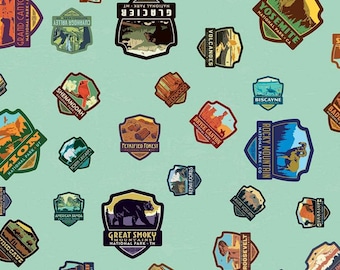 SALE National Parks Patches Sea Green - Riley Blake Designs - Outdoors Recreation - Quilting Cotton Fabric