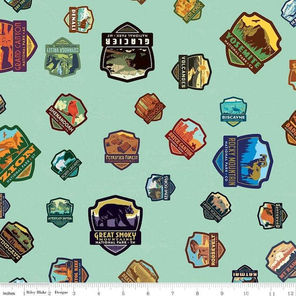 SALE National Parks Patches Sea Green - Riley Blake Designs - Outdoors Recreation - Quilting Cotton Fabric