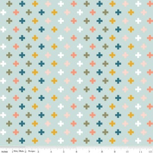 May include: A seamless pattern featuring a repeating design of colorful plus signs on a light blue background. The plus signs are in shades of white, pink, teal, gold, and brown.