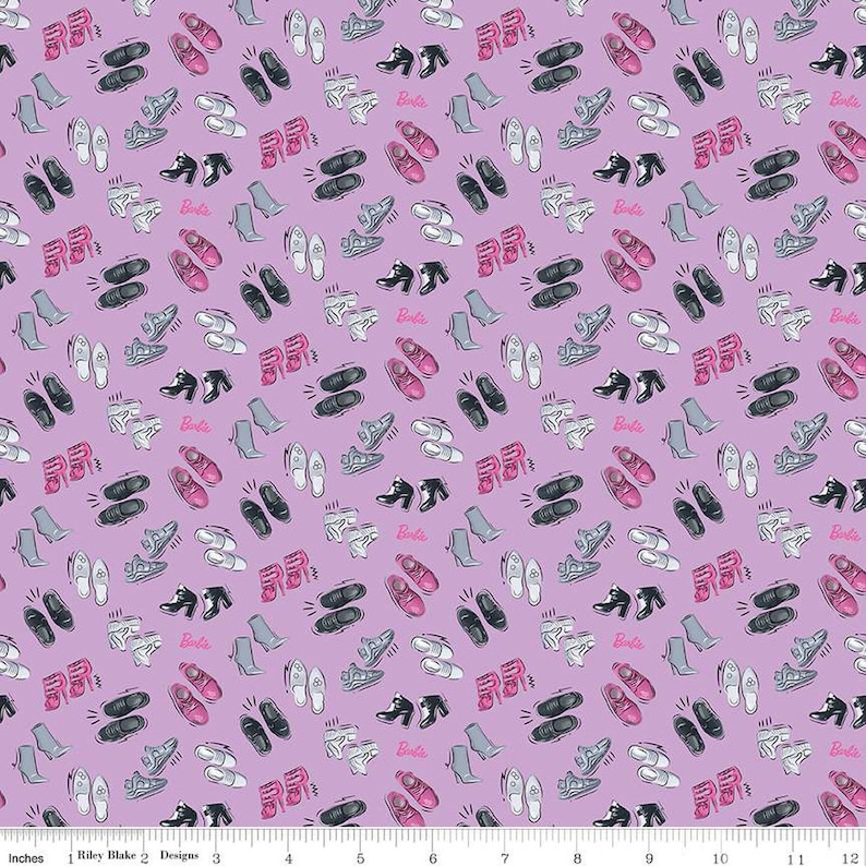 Barbie Girl Shoes C12991 Lilac Riley Blake Designs Doll Logo Text Shoe Quilting Cotton Fabric image 1