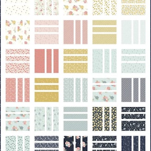 May include: A quilt pattern with a variety of floral and geometric designs in pink, blue, yellow, and white. The quilt is made up of 36 squares, each with a different pattern.