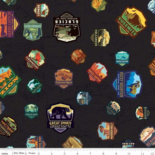 SALE National Parks Patches Black - Riley Blake Designs - Recreation Outdoors - Quilting Cotton Fabric