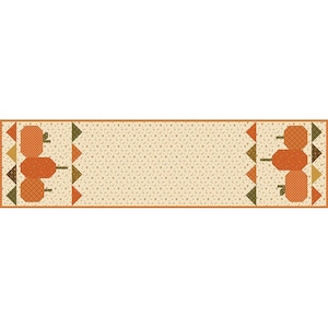 May include: A rectangular fabric table runner featuring a cream-colored center with a small brown floral pattern. The ends display orange pumpkin motifs with green stems and small triangular accents in shades of orange, yellow, and dark green.