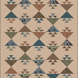 May include: A quilt featuring a repeating geometric pattern of triangles in shades of tan, blue, brown, and green. The fabric includes various prints such as plaid, moose silhouettes, pinecones, and intricate tribal-inspired patterns on a tan background.