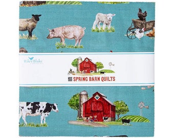 May include: A stack of fabric squares with a teal background featuring farm animals and red barns. The fabric is labeled "Spring Barn Quilts" and includes images of sheep, pigs, cows, and chickens. The fabric is from Riley Blake Designs.