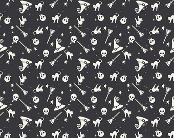 SALE Hey Bootiful Witch Icons GC13131 Charcoal GLOW-in-the-DARK - Riley Blake - Halloween Witches Cats Brooms Hats - Quilting Cotton Fabric