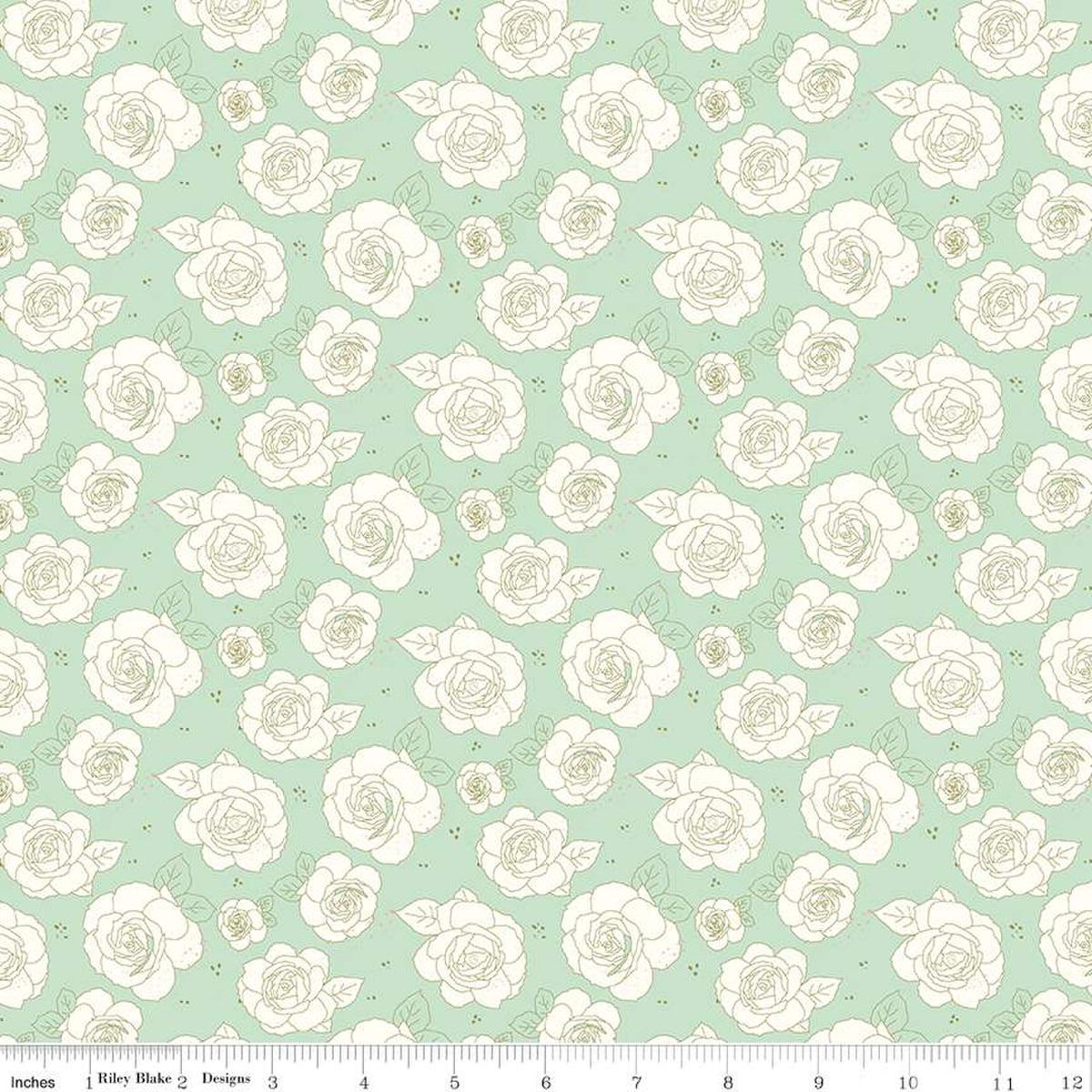 SALE Sunsetridge Roses C15731 Mint - Riley Blake Designs - Rose Floral Flowers Blossoms Leaves Outline - Quilting Cotton Fabric