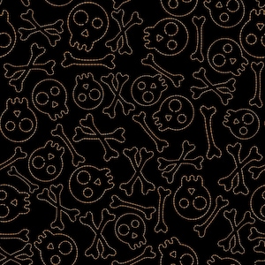 May include: A black background with a repeating pattern of orange stitched skull and crossbones. The skulls have two eye sockets and a nose.