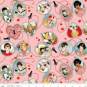 May include: Pink fabric with a repeating pattern of oval and heart-shaped locket charms. Each locket contains a different image of children, animals, and hearts. The text "To My Valentine" is printed on one of the lockets.