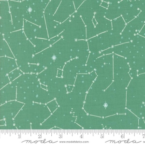 May include: A teal fabric with a constellation pattern. White lines connect star-shaped dots, forming constellations across the fabric. Small, light blue dots are scattered throughout the design. The fabric is measured in inches along the bottom edge.