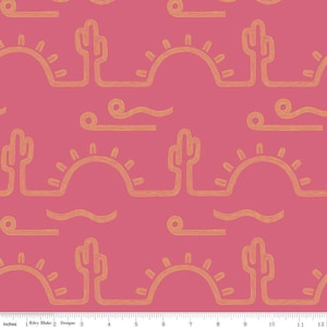May include: A repeating pattern featuring stylized desert elements. The design includes gold-colored suns, cacti, and wind swirls on a pink background. The pattern is a fabric design, with the text "Riley Blake Designs" at the bottom.